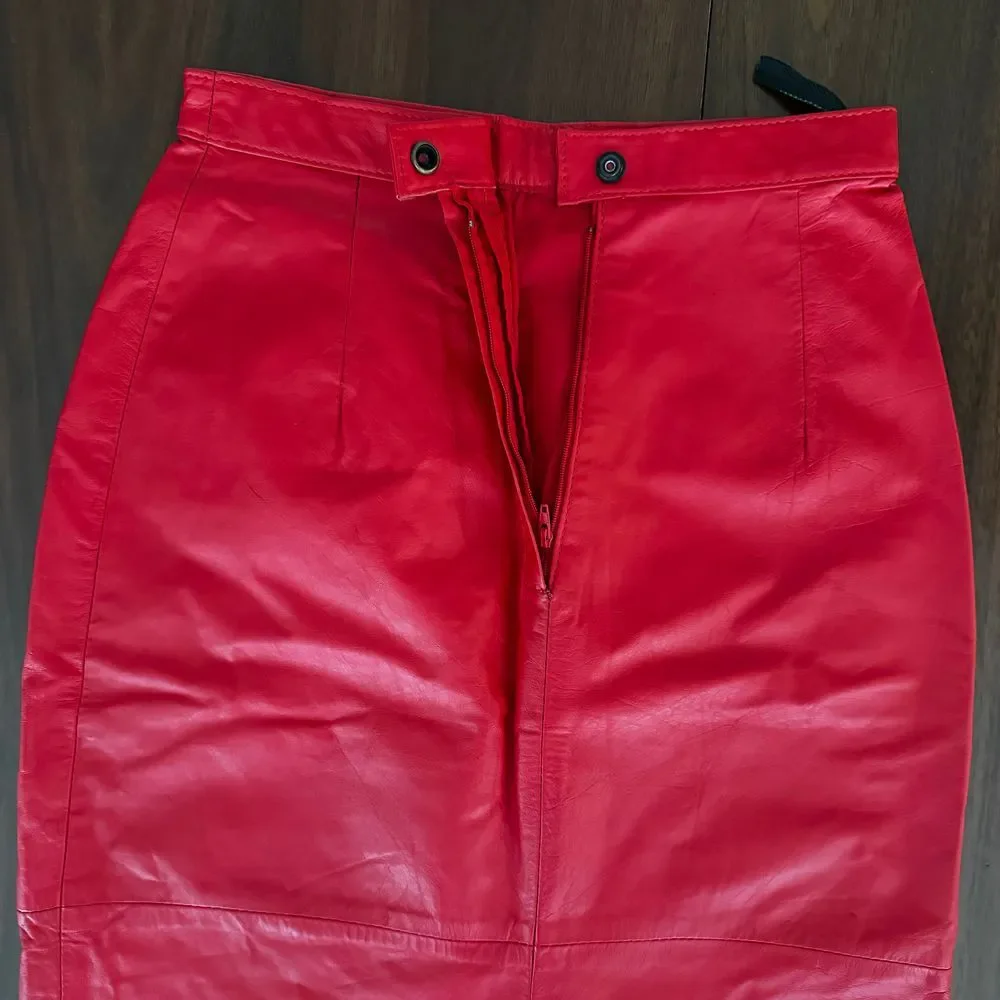 Vintage Red Leather Pencil‎ Skirt Size 7/8 High Waist Moto Y2K Mob Wife 80's - Picture 5 of 13